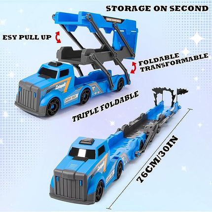 2-in-1 Folding Ejector Truck Slalom Track Car Set with 4 Racing Cars - Alloy Toy Car Folding Mini Car Set, Birthday Gift for 3 (Single Track Racing Blue)