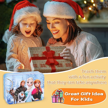 LELEMON Snowmen 100 Piece Puzzle in a Metal Box, Educational Jigsaw Puzzle for Ages 4-8