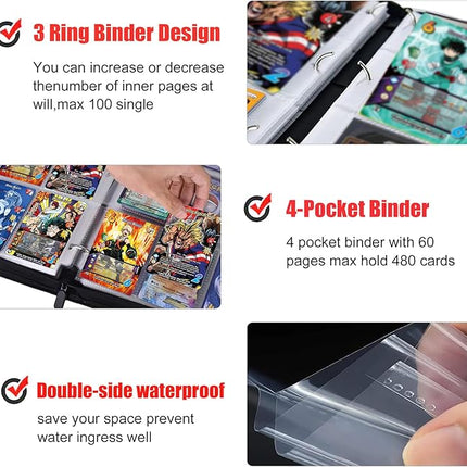 Trading Card Binder for Anime Cards,4 Pocket with 60 Sleeves up to 480 Cards,Waterproof Card Storage Bag with Removable Sleeves for Anime and TCG Cards