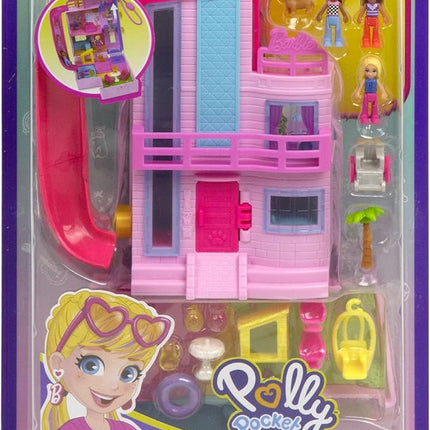 Polly Pocket Barbie Dreamhouse Compact, Dollhouse Playset with 3 Micro Dolls, 1 Puppy, 11 Accessories, Elevator & Pool