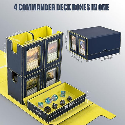 Card Deck Box for MTG with Commander Display, 5 in 1 Card Storage Box Fits 400+ Double-sleeved Cards, Removable Deck Case for TCG/Sports Cards with Dice Tray, 4 Magnetic Card Holders (Blue Yellow)
