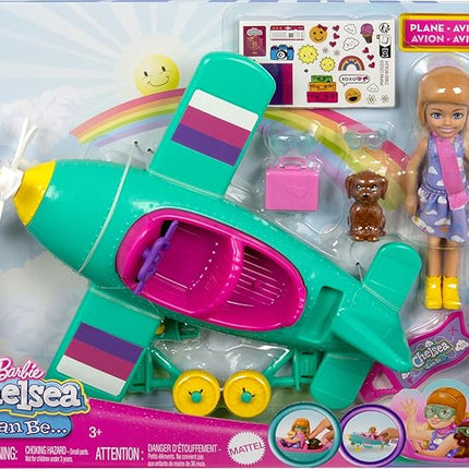 Barbie Chelsea Can Be Doll & Plane Playset, 2-Seater Aircraft with Spinning Daisy Propellor & 7 Accessories, Includes Pet Puppy & Stickers