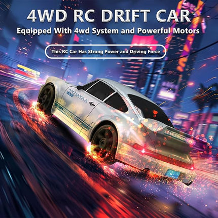 Remote Control Car RC Drift Car 2.4GHz 1:24 4WD 15KM/H High Speed Racing Sport Car with LED Lights Drifting Tire Racing Sport Toy for Adults Boys Girls Kids Gift 2Pcs Rechargeable Batteries