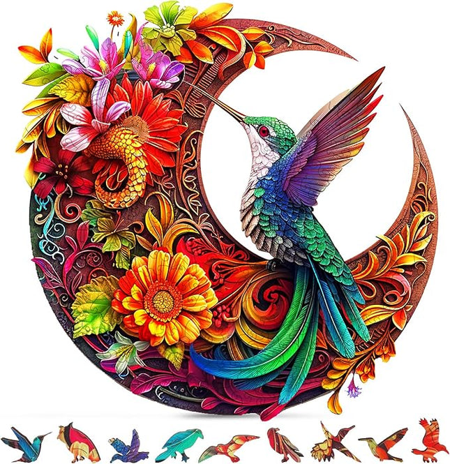 Unique Wooden Puzzles for Adults, Hummingbird Puzzle 300 Pieces 15.35" x 15.15", Animal Shaped Wood Puzzles Adult Brain Teasers, Wooden Jigsaw Puzzles, Family Games for Kids and Adults