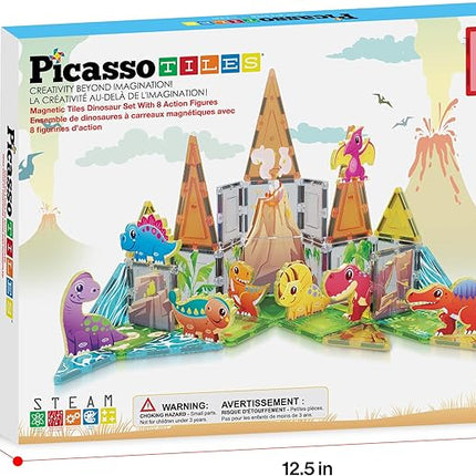PicassoTiles 38pcs Magnet Tiles Building Blocks Dinosaur Theme Set with 8 Magnetized Action Figures Magnetic Construction Build and Play Toy with Magnets STEM Learning Activities for Toddlers 3+ PTQ13