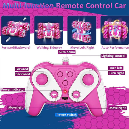 Remote Control Car for Girls, Rechargeable RC Cars Toys with Cool Lights, 2.4Ghz Double Sided Drift RC Stunt Cars, 360°Rotating 4WD Off-Road Race Car for 4-6 6-12 Girl Kids Gifts