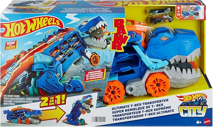 Hot Wheels City Toy Car Track Set, Ultimate T-Rex Transporter, Hauler Transforms into Stomping Dino with Race Track, from Netflix Series “Let’s Race”