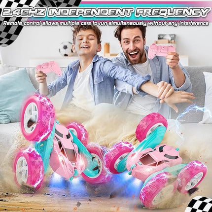 Pink Remote Control Car for Girls - RC Stunt Cars with 4WD Double-Sided Driving 360° Flips Rotating, Off Road Remote Car Outdoor Toys for Kids Age 6 7 8-12, Christmas Birthday Gifts