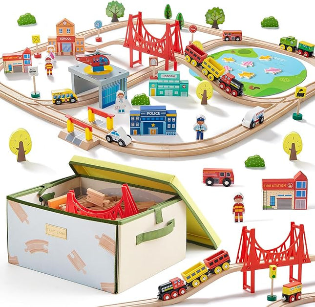 Tiny Land 110pcs Wooden Train Set with Folding Storage Box, Wooden Train Track Toy for Boys & Girls, Age 3-7, Includes Convenient Storage