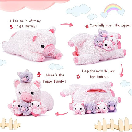 IKASA Mommy Pig Stuffed Animal Mom and Baby Plush Toy,Cute 16" Soft Small Fluffy Mama Family Set Toys with Little Mini Babies,Gifts for Kid