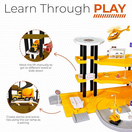 Toysical Construction Playset - Complete Parking Garage Toy Playset with Vehicles, Helicopter, Mini Figures, Road Setup, Floor Map - Construction Toys for Boys and Girls - Boys Toys Age 4-6