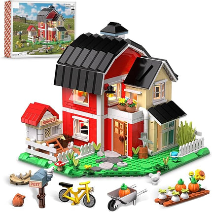 Farm House Building Set with Lighting Kit - Ranch Cottage Building Blocks Set with Chicken Coop, Flowers, Animals - Display for Home Office Decor, Gift for Adults Teen Kids 8+ (1268 PCS)
