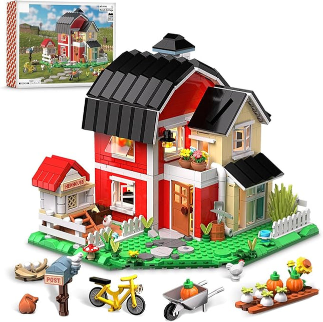 Farm House Building Set with Lighting Kit - Ranch Cottage Building Blocks Set with Chicken Coop, Flowers, Animals - Display for Home Office Decor, Gift for Adults Teen Kids 8+ (1268 PCS)