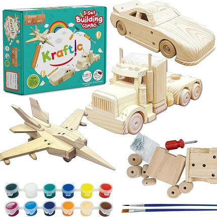 Kraftic Woodworking Building Kit for Kids and Adults, 3 Educational DIY Carpentry Construction Wood Model Kit Toy Projects for Boys and Girls - Build a Wooden Military Jet Race Car and Tractor Trailer