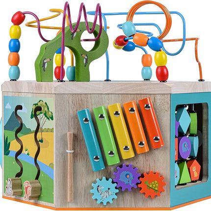 Teamson Kids Preschool Play Lab 7-in-1 Large Wooden Activity Cube Station Center Bead Maze and Counting for Kids Baby Toys, Natural