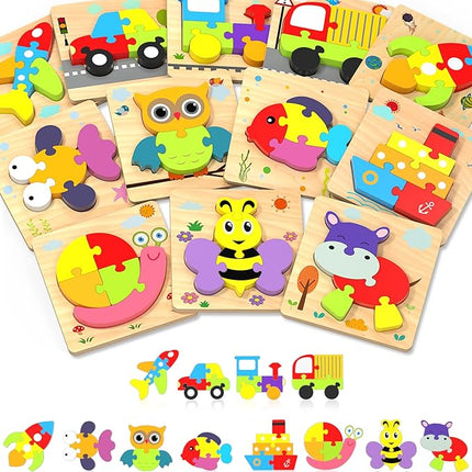 Yetonamr Wooden Toddler Puzzles Gifts Toys for Boys Girls, 12 Vehicle Shape Montessori Toy Educational Blocks Kids Toys Gift Baby Learning Toy