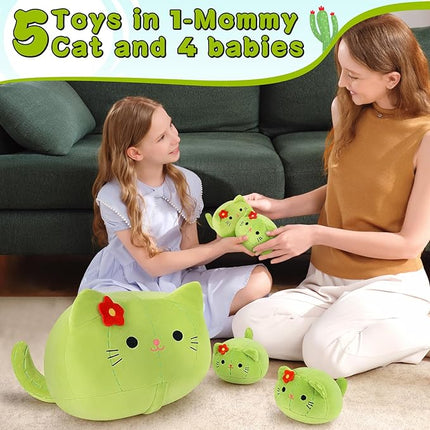 5 PCS Cactus Cat Plush Stuffed Animal Family-19" Soft Cactus Cat Plush, Large Mommy Plushies with 4 Baby Kittens Plushies for Kids, Kawaii Plush Toy Christmas Birthday Gifts for Kids Boys Girls