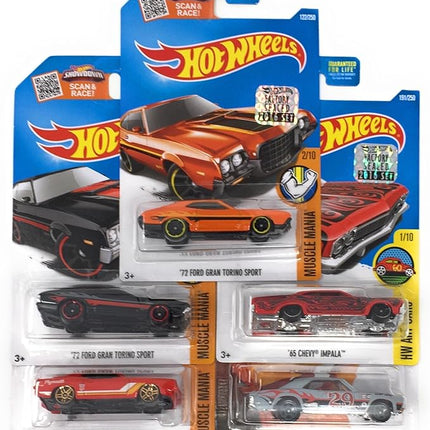 Hot Wheels Muscle Car Madness 5 Pack Random Diecast Bundle Set with Various Corvettes, Mustangs, Camaros, Chargers, GTO"s, Firebirds, Shelby, and More
