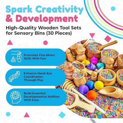 Wooden Tool Set for Sensory Bin (30 Piece), Child-Sized Montessori Sensory Toys for Developing Fine Motor Skills, Smooth Wooden Toys, Bin Scoops and Tools