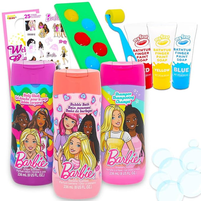 Ultimate Barbie Bathroom Set - Bundle with Shampoo, Body Wash, Bubble Bath, Bath Paint, Stickers, More | Barbie Bath and Shower Supplies Kit for Kids, Girls