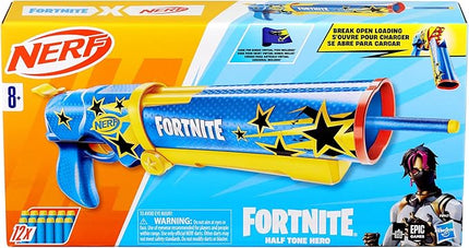 Nerf Fortnite Half Tone Hero Blaster, Bonus Code to Unlock Half Tone Hero Wrap in The Game, Break Open Loading, 12 Nerf Elite Darts, Fortnite Gifts (Amazon Exclusive)