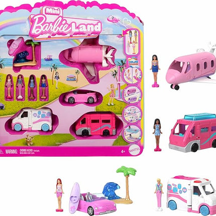 Barbie Mini BarbieLand 4-Pack Doll & Toy Vehicle Set with 4 1 1/2-inch Dolls & 4 Iconic Toy Vehicles with Color-Change Surprise