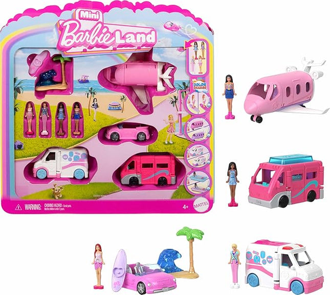 Barbie Mini BarbieLand 4-Pack Doll & Toy Vehicle Set with 4 1 1/2-inch Dolls & 4 Iconic Toy Vehicles with Color-Change Surprise