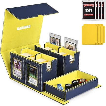 Card Deck Box for MTG with Commander Display, 5 in 1 Card Storage Box Fits 400+ Double-sleeved Cards, Removable Deck Case for TCG/Sports Cards with Dice Tray, 4 Magnetic Card Holders (Blue Yellow)
