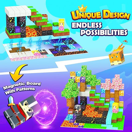 154PCS Magnetic Blocks - Build Mine Magnet World Stacking Cube Toys with Magnet Board, Magnetic Tiles Building Blocks STEM Construction Toys, Sensory Games for Kids Age 3+ Boys Girls Birthday Gift