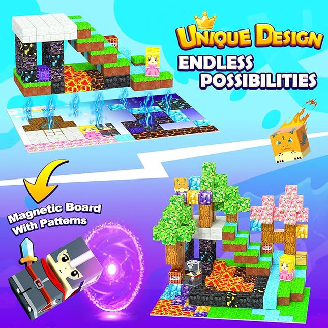 154PCS Magnetic Blocks - Build Mine Magnet World Stacking Cube Toys with Magnet Board, Magnetic Tiles Building Blocks STEM Construction Toys, Sensory Games for Kids Age 3+ Boys Girls Birthday Gift