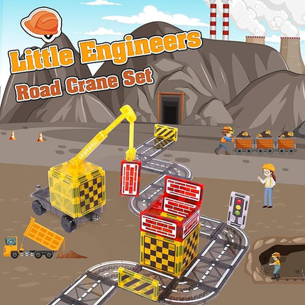 Magnetic Tiles Kids Construction Toys - Road Set with Magnet Crane for Boys Age 3-5 4-8 8-10, Magnet Building Blocks Expansion Pack Toy Car Track Train Set, Road, Dolls, Traffic Lights and Stations