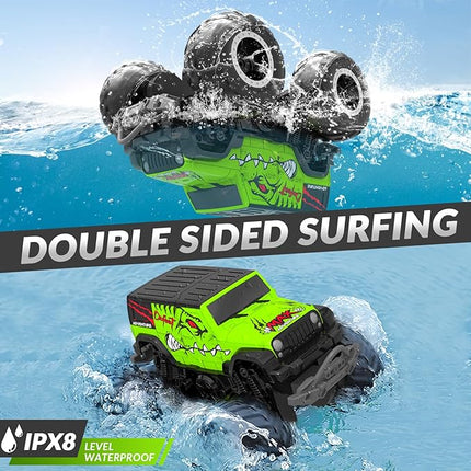 STEMTRON Amphibious Remote Control Car 2.4GHz 1:20 All Terrain Off-Road RC Car Remote Control Boat Gifts for Kids Boys Green
