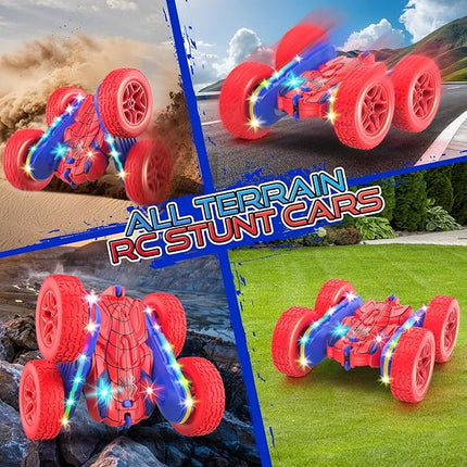 Remote Control Car Spider Rc Cars New Upgraded Strip Lights and Headlights Car Toys Double-Sided 360° Rotating Rc Truck for Boys Girls Birthday Gift (Red)