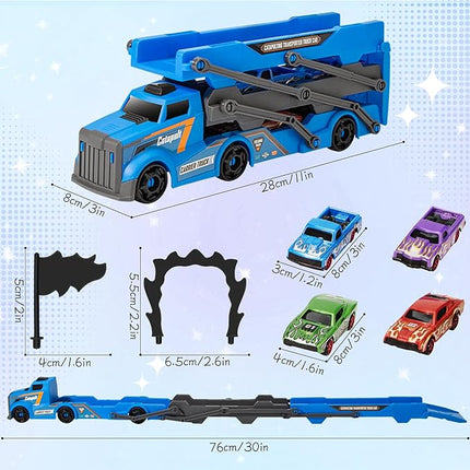2-in-1 Folding Ejector Truck Slalom Track Car Set with 4 Racing Cars - Alloy Toy Car Folding Mini Car Set, Birthday Gift for 3 (Single Track Racing Blue)