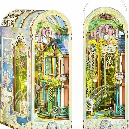 Tonecheer DIY Book Nook Kit for Adults, 3D Puzzle Wooden Miniature House Kit, Booknook Dollhouse Bookshelf Insert Decor Bookend with Dust Cover and LED Lights Gifts (Giverny Garden)