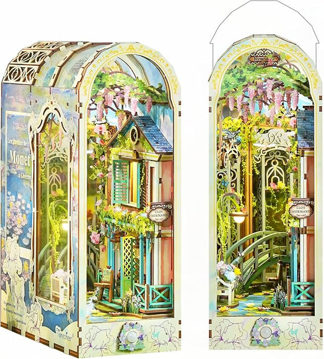 Tonecheer DIY Book Nook Kit for Adults, 3D Puzzle Wooden Miniature House Kit, Booknook Dollhouse Bookshelf Insert Decor Bookend with Dust Cover and LED Lights Gifts (Giverny Garden)