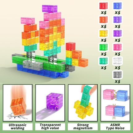 Magnetic Blocks Building Toys - Transparent Rainbow Magnetic Cubes Set, Outdoor Sensory Autism STEM Toys Gifts for Kids Aged 3+ Year Old Boys & Girls