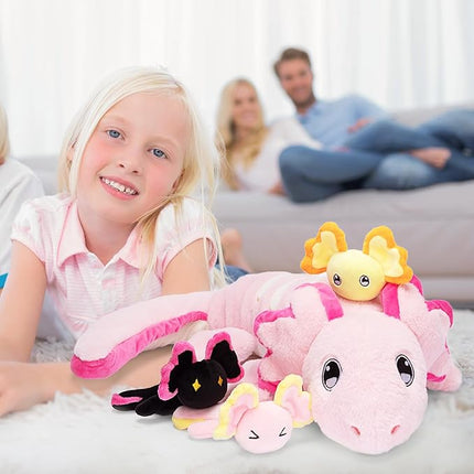 IKASA Mommy Axolotl Stuffed Animal Mom and Baby Plush Toy, Cute 20.5" Soft Small Mama Family Set Cuddly Toys with Little Mini Babies,Gifts for Kids