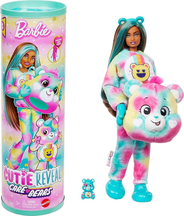 Barbie Cutie Reveal Care Bears Doll & Accessories, Series 2 Good Vibes Bear with 10 Surprises Including Color Change & Mini Bear