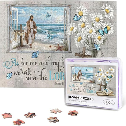 Christian Wooden Jigsaw Puzzle 500 Pieces for Adults - Scripture Art of Jesus Walking on Beach with Joshua 24:15 Bible Verse, Religious Gift for Stress Relief & Faith-Based Home Decor