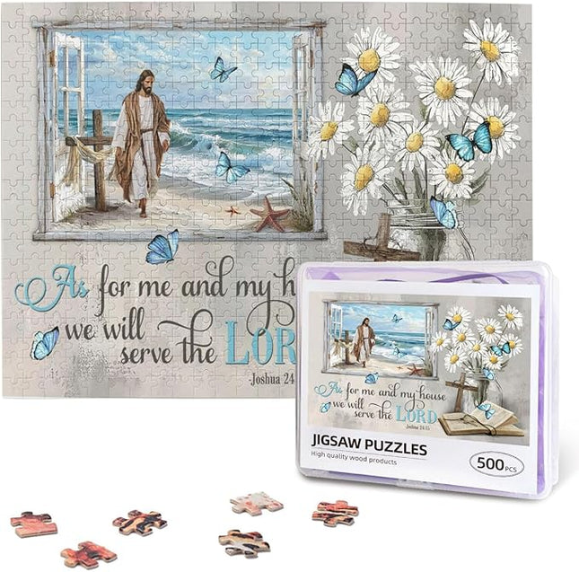 Christian Wooden Jigsaw Puzzle 500 Pieces for Adults - Scripture Art of Jesus Walking on Beach with Joshua 24:15 Bible Verse, Religious Gift for Stress Relief & Faith-Based Home Decor