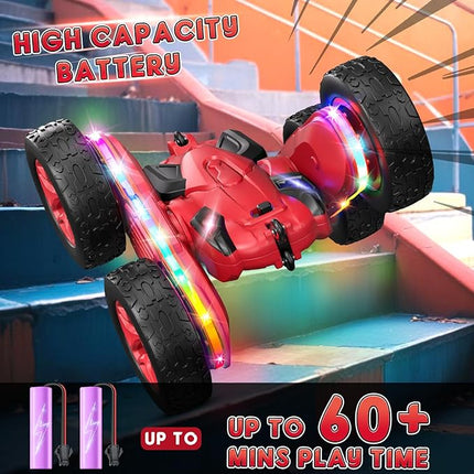 Remote Control Car,RC Cars with Sides Light Strip and Headlights,Double Sided 360 Flips Rotating RC Stunt Car,2.4Ghz All Terrain Toys for Ages 5-7 Kids Toy for Boys Girls Birthday Gift(Red)