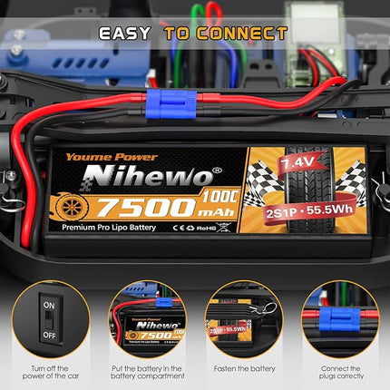 2Packs 2S Lipo Battery Pack, 7.4V 7500mAh RC Battery 100C Hard Case Lipos EC5 Connector Compatible with Arrma Axial 1/8 1/10 RC Car Truck Truggy Vehicles Tank Boat Airplane Models