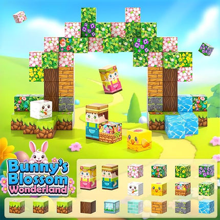 108PCS Magnetic Blocks Kids Magnet Toys, Large 1 inch Building Cubes with Puzzle Panel, Mine Magworld Easter Bunny Garden Building Crafts, Sensory Learning Toys Gift for 3+ Year Old Boys Girls