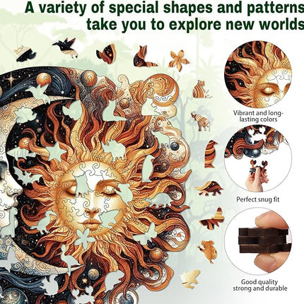 Wooden Puzzles for Adults, Sun and Moon Wood Puzzles 200 Pieces, Irregular Animal Shaped Unique Wooden Jigsaw Puzzles, Creative Ghristmas Gift for Teenagers and Adults