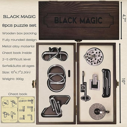 8-Piece 3D Metal Puzzle Box IQ Test Kit with Wooden Case, Brain Challenge for Adults Teens, Gift for Christmas, Valentine's Day, Birthday, Anniversary & Family Party Game