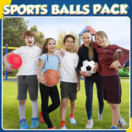 8.5” Sports Balls for Kids & Toddlers - (Pack of 4) Rubber Inflatable Multi-Sport Ball Set - Football, Soccer Ball, Basketball, Playground Ball & Pump - Birthday Gift Toys for Boys & Girls
