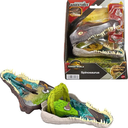 Mattel Jurassic World Rebirth Micro Adventure Playset, Spinosaurus Head Opens to 4 Interactive Features, 3 Micro Figures, Dinosaur Toy