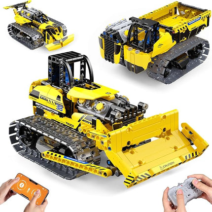 zinat 3 in 1 STEM Remote Control Bulldozer Building Set, DIY Engineering Construction Kit with APP & Remote, Educational Robot Blocks Toy, Birthday for Kids Teens Adults - 452 Pcs