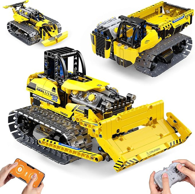 zinat 3 in 1 STEM Remote Control Bulldozer Building Set, DIY Engineering Construction Kit with APP & Remote, Educational Robot Blocks Toy, Birthday for Kids Teens Adults - 452 Pcs